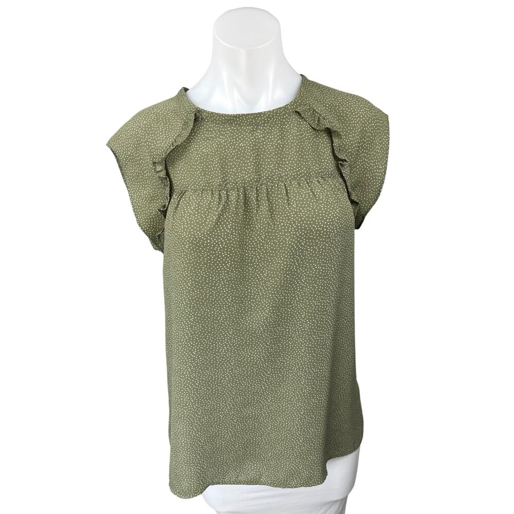 Ann Taylor LOFT Green Polka Dots Short Sleeve Ruffle Babydoll Blouse Top Size S